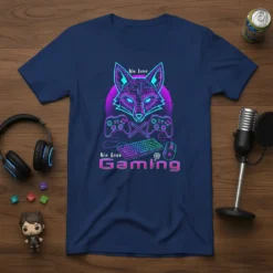 Cyberpunk fox with circuit board details and crossed game controllers on a navy blue t-shirt that says "We love Gaming"