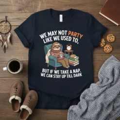 Sloth wearing glasses and sweater drinking coffee, text "We May Not Party Like We Used To, But If We Take