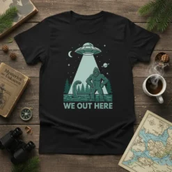 We Out Here t-shirt design featuring Bigfoot, Nessie, and a UFO abduction beam. Text reads "WE OUT HERE"