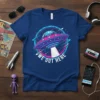 We Out Here UFO t-shirt design with a retro alien spaceship beaming down, surrounded by a cosmic circle
