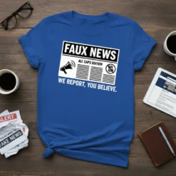 Blue t-shirt with "Faux News" headline, megaphone, newspaper graphic, and "We Report You Believe" slogan