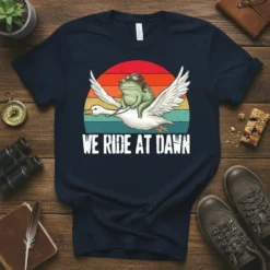 We Ride At Dawn t-shirt design with a frog wearing goggles riding a goose with a retro sunset background