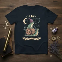 We Ride At Midnight T-Shirt with frog on snail, moon, stars, and witch hat