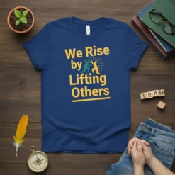 Blue t-shirt with yellow text "We Rise by Lifting Others" and graphic of two people lifting each other