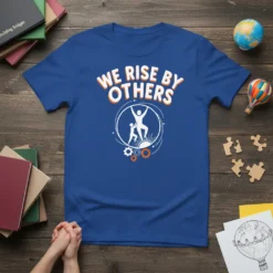 We Rise By Others quote t-shirt with graphic of people supporting each other and gears, white and orange text