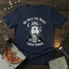 We Rule The Night Trash Panda text with a raccoon sitting in a trash can graphic on a navy t-shirt