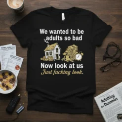 Black t-shirt with "We wanted to be adults so bad Now look at us Just fucking look" quote and illustration