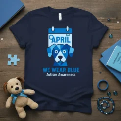 We Wear Blue Autism Awareness T-Shirt with blue dog graphic and calendar showing April 2nd