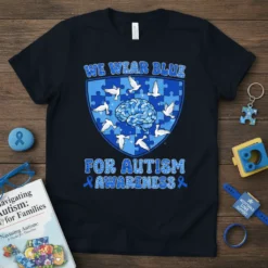 We Wear Blue For Autism Awareness T-Shirt with puzzle pieces, doves, and a brain graphic