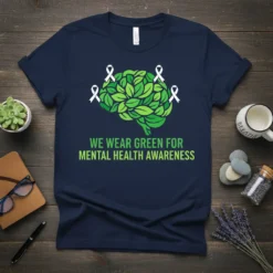 T-shirt with text "WE WEAR GREEN FOR MENTAL HEALTH AWARENESS" and a brain graphic made of green leaves with white