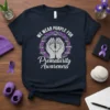 T-shirt with "We Wear Purple For Prematurity Awareness" text, featuring hands holding baby feet surrounded by supportive words
