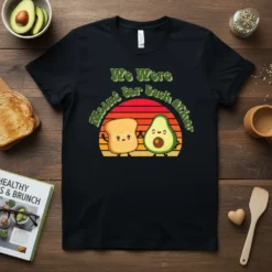 We Were Meant for Each Other toast and avocado design on a black t-shirt, featuring a retro sunset graphic