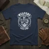 WEAPONS 462/2W1 design on navy t-shirt featuring a Viking warrior with crossed axe and rifle