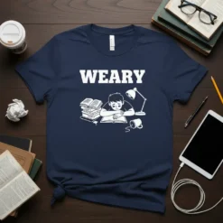 Weary student studying late at night graphic tee with text "WEARY" and illustration of books, lamp, and fallen coffee cup