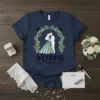 Wedding t-shirt design with bride and groom figures inside a green leaf arch, text reads WEDDING