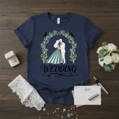Wedding t-shirt design with bride and groom figures inside a green leaf arch, text reads WEDDING