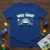 Blue t-shirt with "WEE iNOO!" text and a cartoon police car with flashing lights and sirens