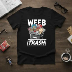 Black t-shirt with "WEEB TRASH" design featuring a trash bin filled with anime games, controllers, and a cute cat