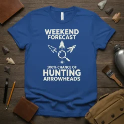 Weekend Forecast 100% Chance of Hunting Arrowheads t-shirt with graphic of magnifying glass and arrows