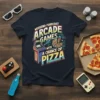 Weekend Forecast Arcade Games with a Chance of Pizza t-shirt design featuring retro arcade machine, alien, and pizza slice graphic