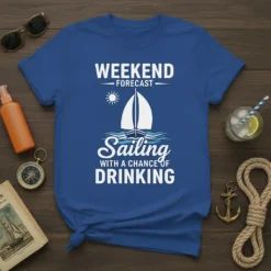 Weekend Forecast Sailing With A Chance Of Drinking T-Shirt with sailboat graphic and playful text