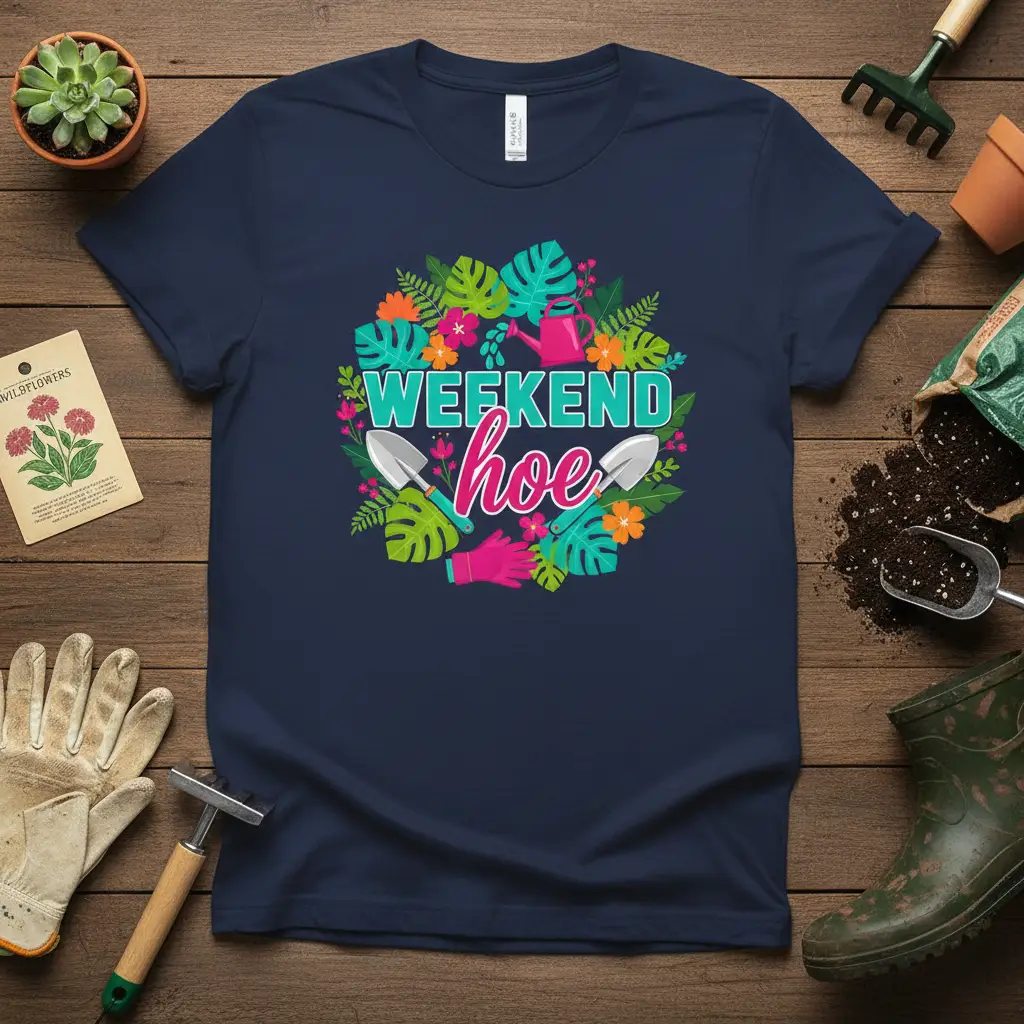 Weekend hoe gardening quote t-shirt design with vibrant floral wreath and tools