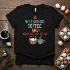 Weekends Coffee And Collecting Eggs text design with chicken, basket of eggs, and coffee cup graphic