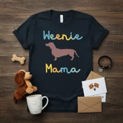 Weenie Mama text with a dachshund silhouette graphic on a dark navy t-shirt