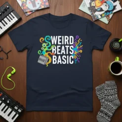 Weird Beats Basic t-shirt design with colorful octopus graphic and bold typography for music producers and DJs