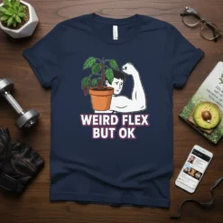 Navy t-shirt with "Weird Flex But Ok" text and cartoon of a man flexing a potted plant