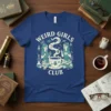 Weird Girls Club t-shirt design featuring two girls reading and drinking tea, surrounded by owls and magical elements