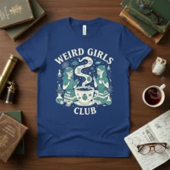 Weird Girls Club t-shirt design featuring two girls reading and drinking tea, surrounded by owls and magical elements