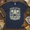 Weird Sisters Build Character t-shirt with three skeletons reading a book, surrounded by roses and stars