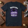 Welcome Foolish Mortals Halloween t-shirt design with a spooky gate and devil graphic