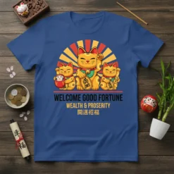 Maneki Neko cats on a blue t-shirt with "Welcome Good Fortune Wealth & Prosperity" text and Japanese script