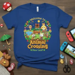 Welcome to Animal Crossing New Leaf T-Shirt featuring Tom Nook, Isabelle, and villagers in a circular floral design