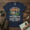Welcome to Camp Quitcherbitchin If You're Not A Happy Camper Take A Hike quote t-shirt with vintage camping scene graphic