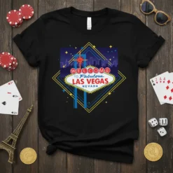 Black t-shirt featuring the iconic Welcome To Fabulous Las Vegas Nevada sign with colorful city skyline and stars