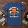 Welcome to Flavortown t-shirt design featuring a retro sunset, palm trees, lips with tongue out, and a flaming car