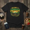 Welcome to Jamrock t-shirt design with retro boombox, palm trees, and musical notes, featuring Jamaican flag colors