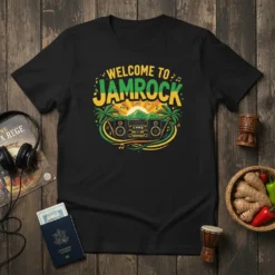 Welcome to Jamrock t-shirt design with retro boombox, palm trees, and musical notes, featuring Jamaican flag colors