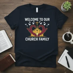 Welcome To Our Church Family text with heart hands, church, and dove graphic on a navy t-shirt
