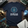 Welcome to the Age of Machines AI T-Shirt with a blue circuit board brain graphic