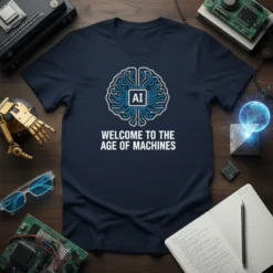 Welcome to the Age of Machines AI T-Shirt with a blue circuit board brain graphic