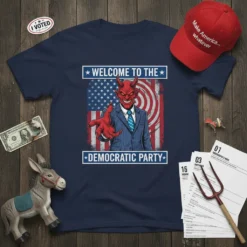 Welcome To The Democratic Party devil in suit t-shirt design with American flag background
