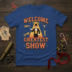 Welcome To The Greatest Show text with circus ringmaster, tigers, and performers on a blue t-shirt