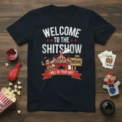 Welcome to the Shitshow I Will Be Your Host t-shirt with circus tent, clown, and humorous text