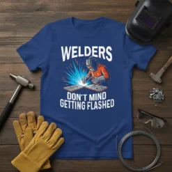 Welders Don't Mind Getting Flashed T-Shirt featuring a welder in action with bright sparks and bold text