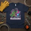 Weldersaurus text with a cartoon dinosaur wearing a welding helmet and sparks flying, on a navy t-shirt