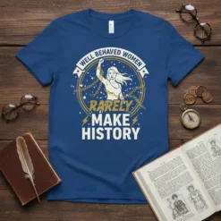Well Behaved Women Rarely Make History feminist quote t-shirt design with a woman breaking chains
